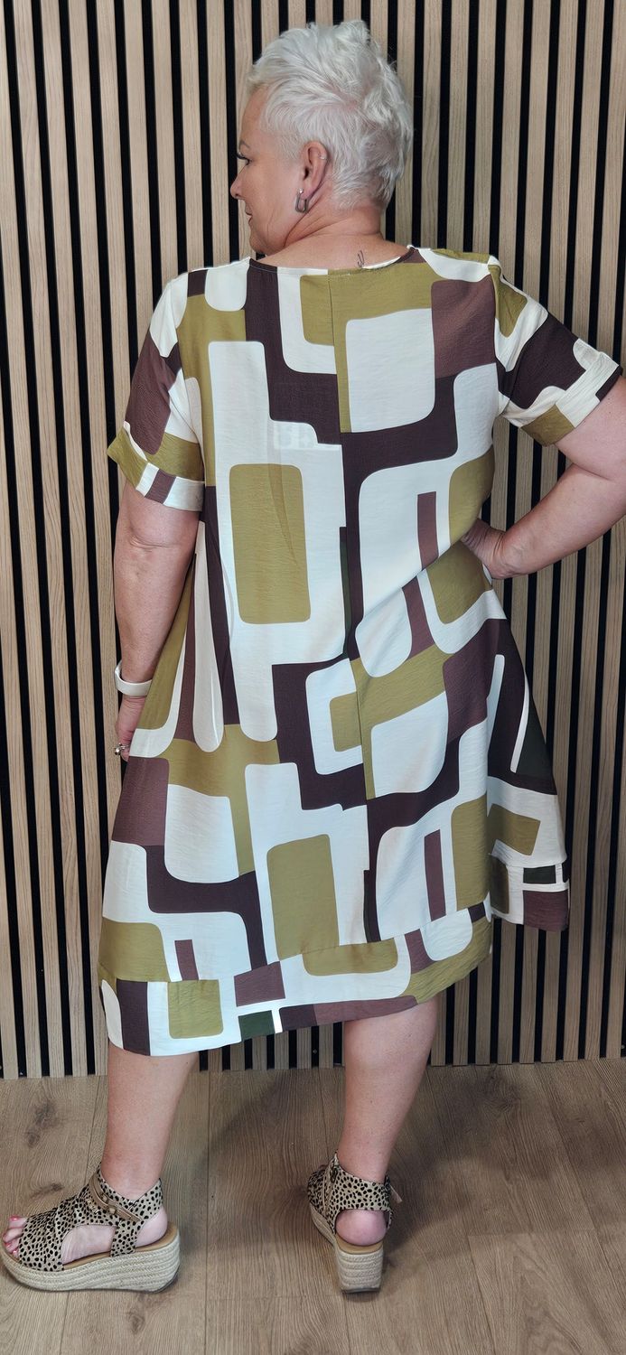 Abstract Print Pocket Dress – Lime/Brown