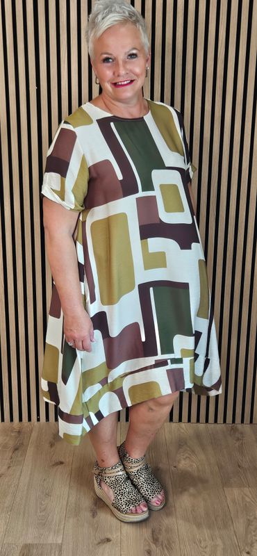 Abstract Print Pocket Dress – Lime/Brown