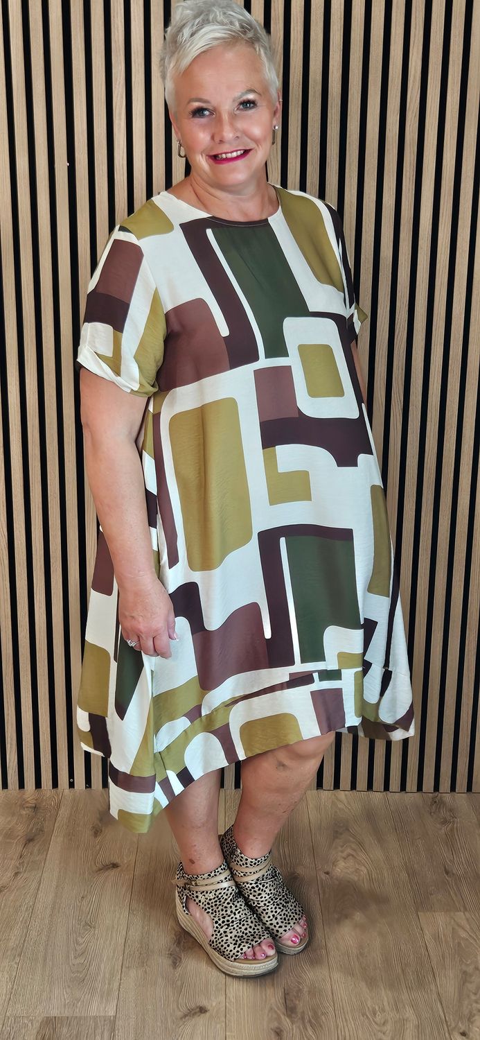 Abstract Print Pocket Dress – Lime/Brown