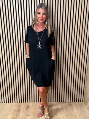 Cotton Blend Cocoon Pocket Dress with neclace - Black
