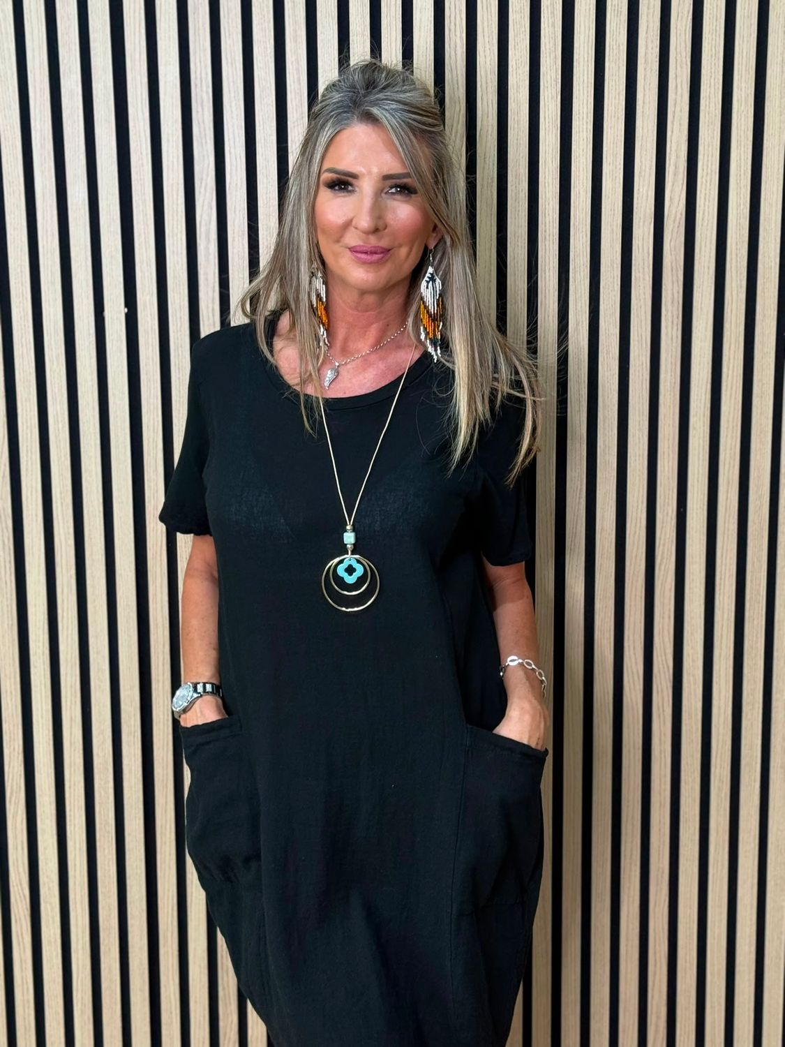 Cotton Blend Cocoon Pocket Dress with neclace - Black