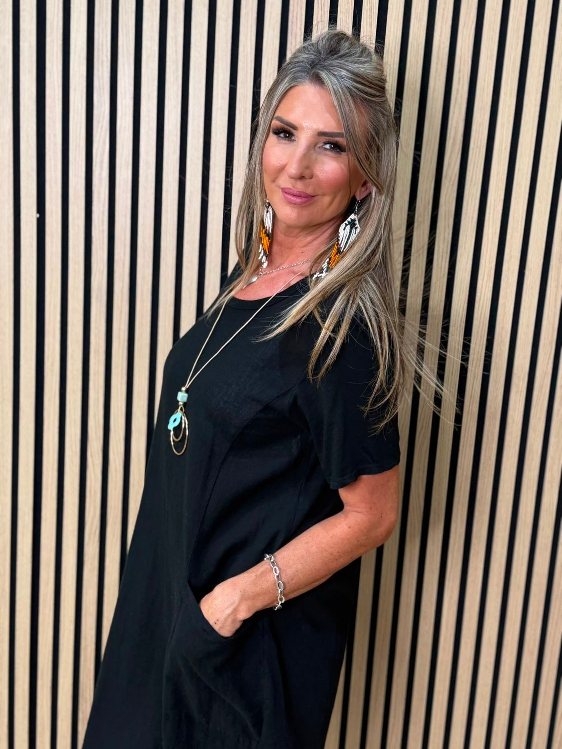 Cotton Blend Cocoon Pocket Dress with neclace - Black