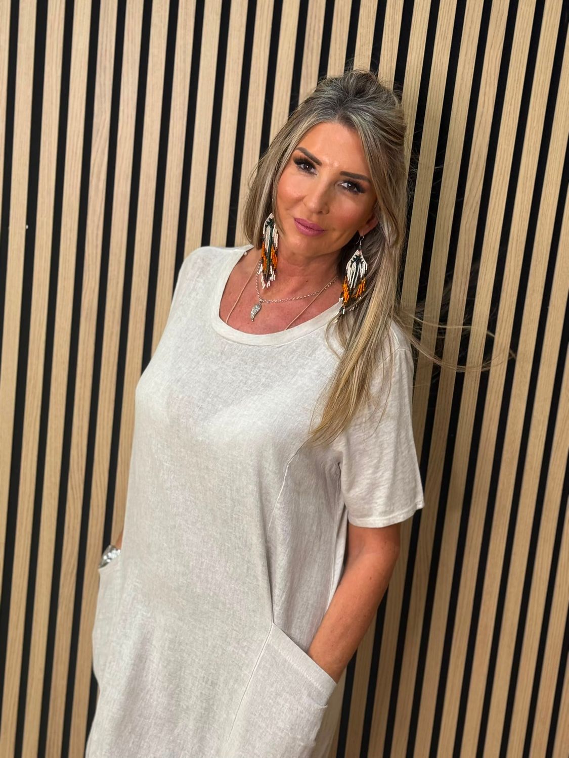 Cotton Blend Cocoon Pocket Dress With Necklace –  Stone