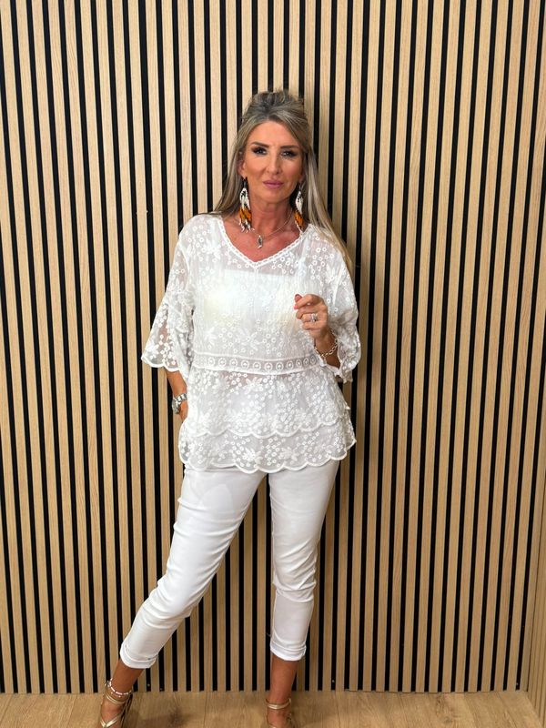 Floral Embroidered Lace Top – White