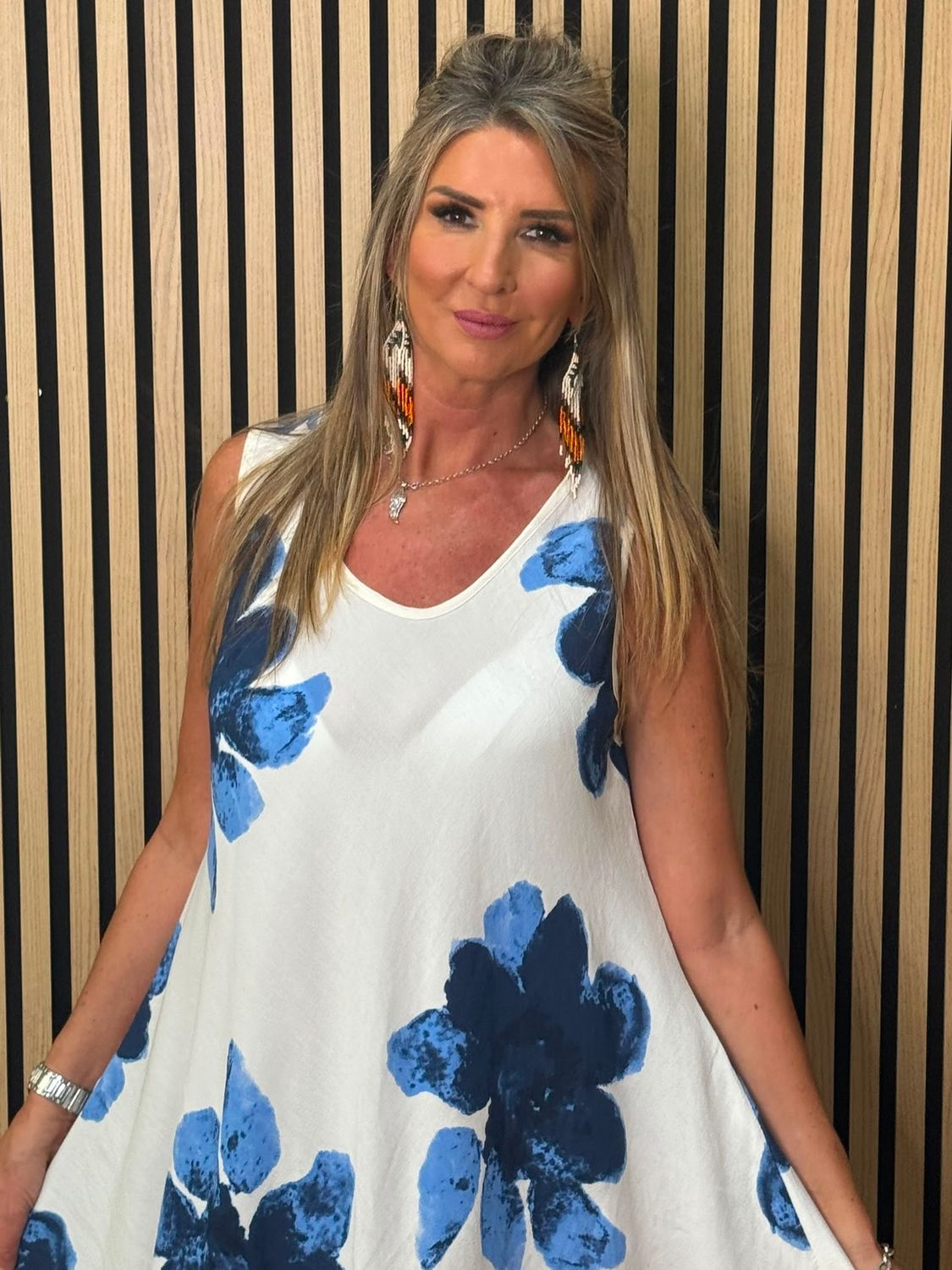 Oversized Floral Print Swing Dress - Blue