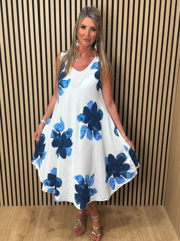 Oversized Floral Print Swing Dress - Blue
