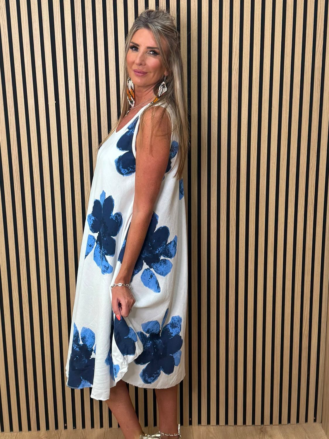 Oversized Floral Print Swing Dress - Blue
