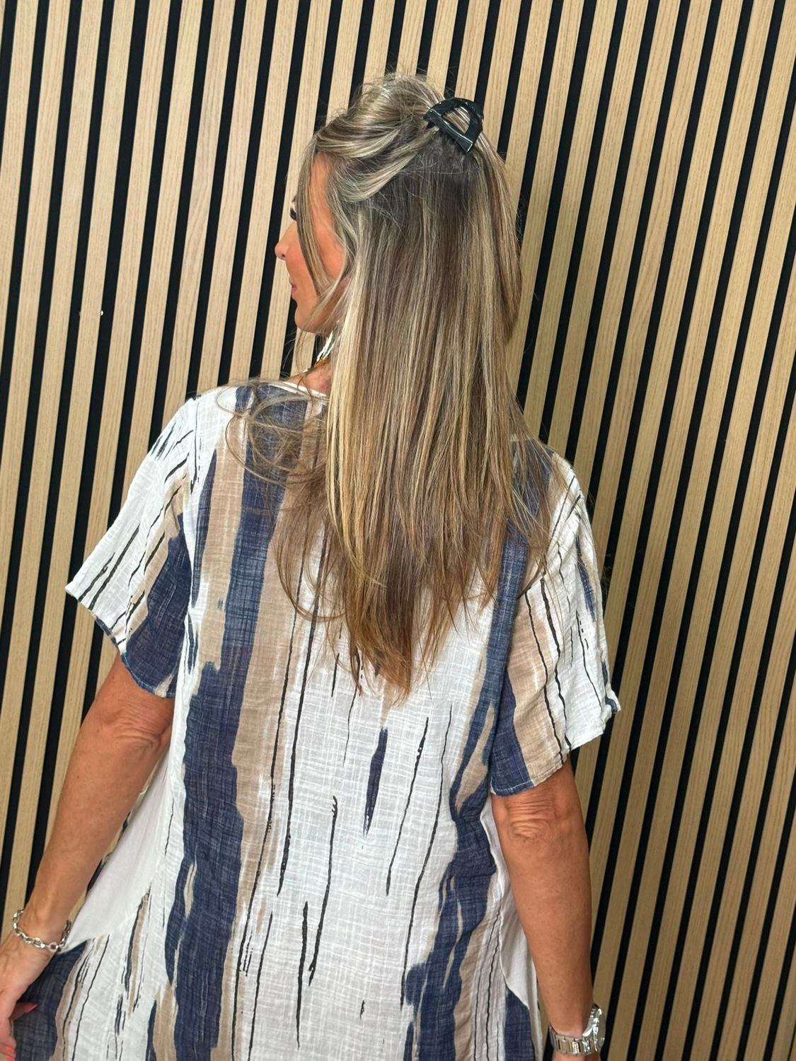 Abstract Stripe Pocket Dress – Navy