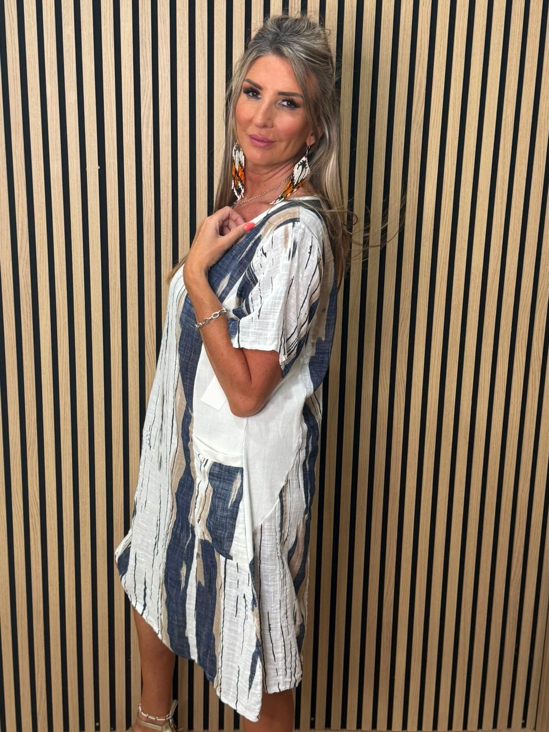 Abstract Stripe Pocket Dress – Navy