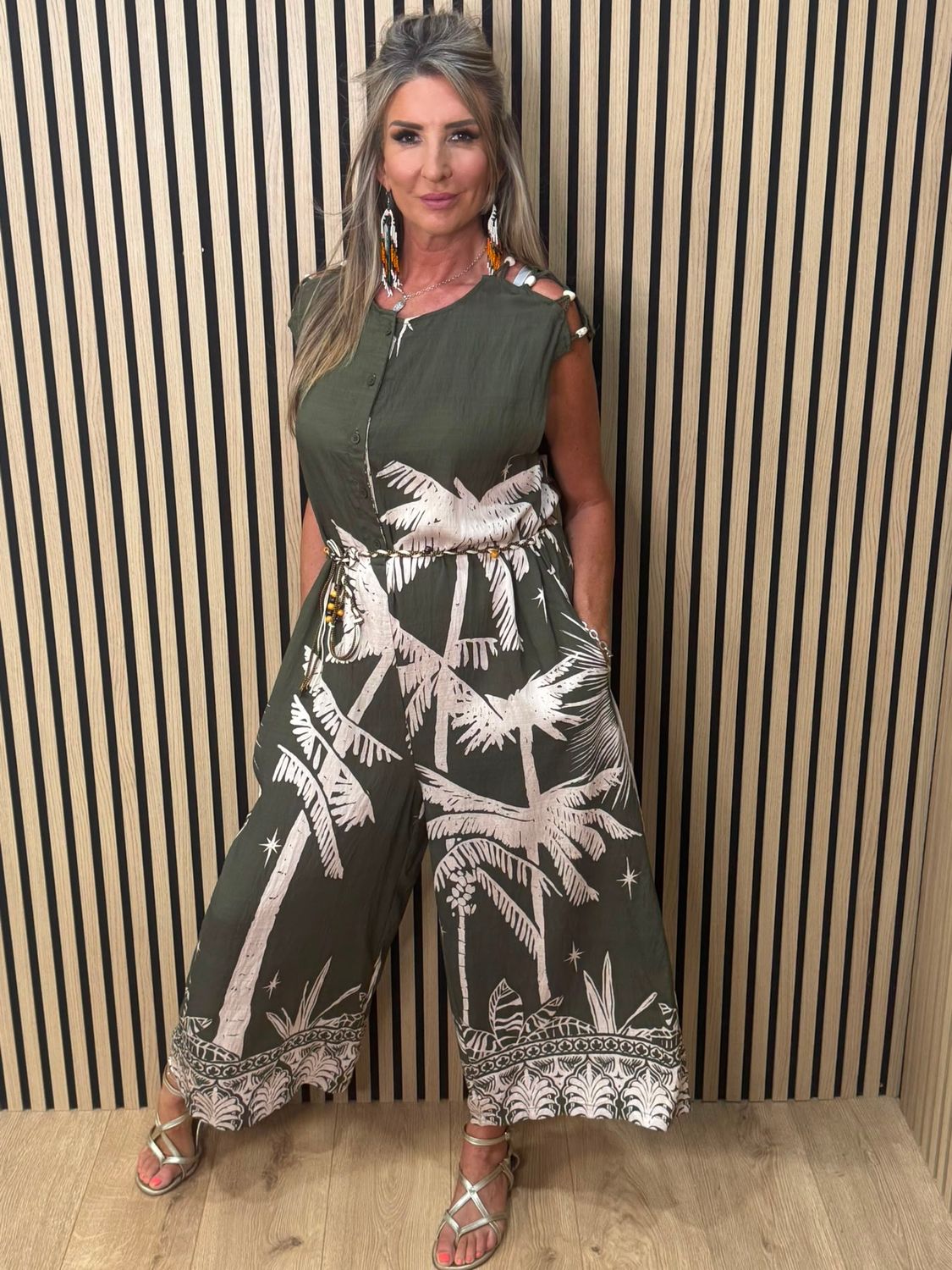 Flyout Palm Print Wide Leg Jumpsuit – Khaki