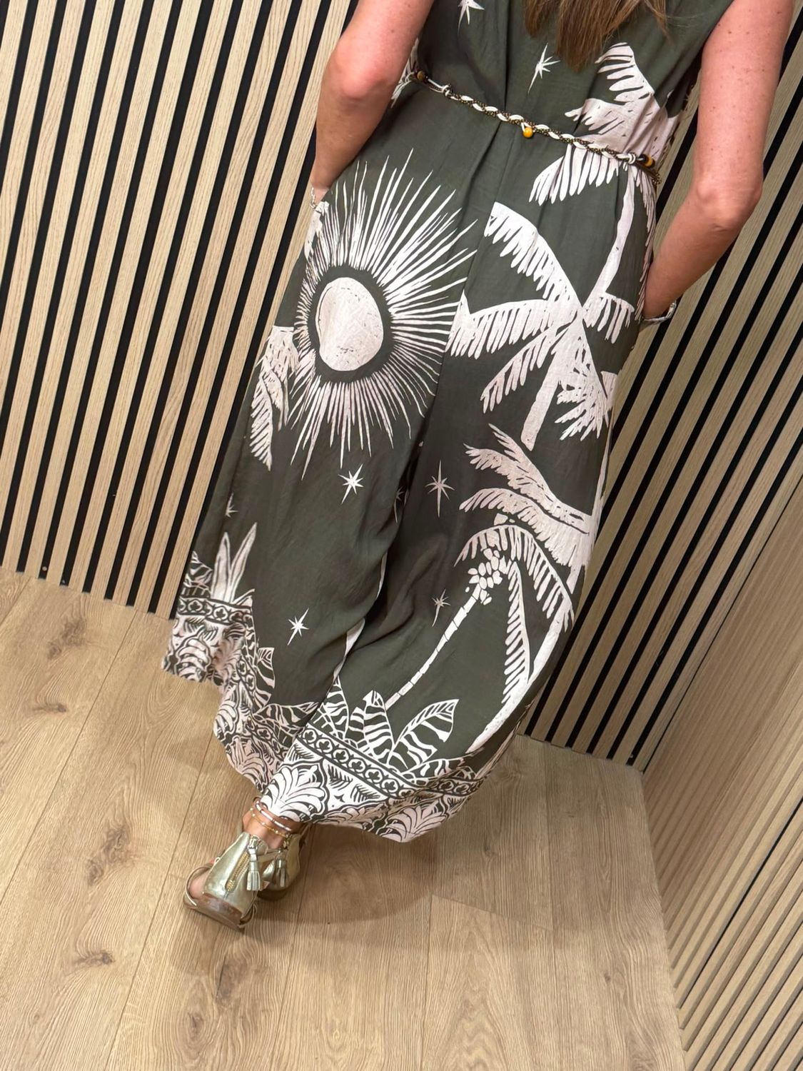 Flyout Palm Print Wide Leg Jumpsuit – Khaki