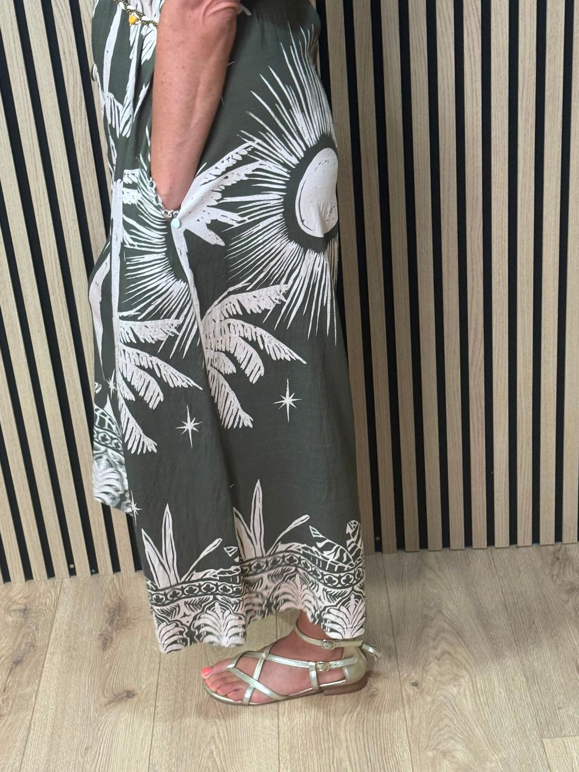 Flyout Palm Print Wide Leg Jumpsuit – Khaki