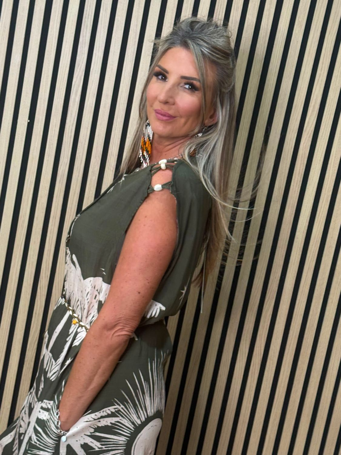 Flyout Palm Print Wide Leg Jumpsuit – Khaki