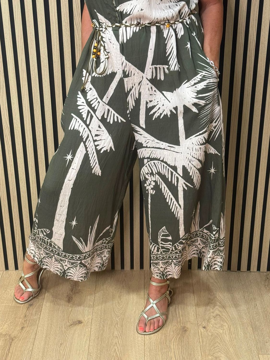 Flyout Palm Print Wide Leg Jumpsuit – Khaki