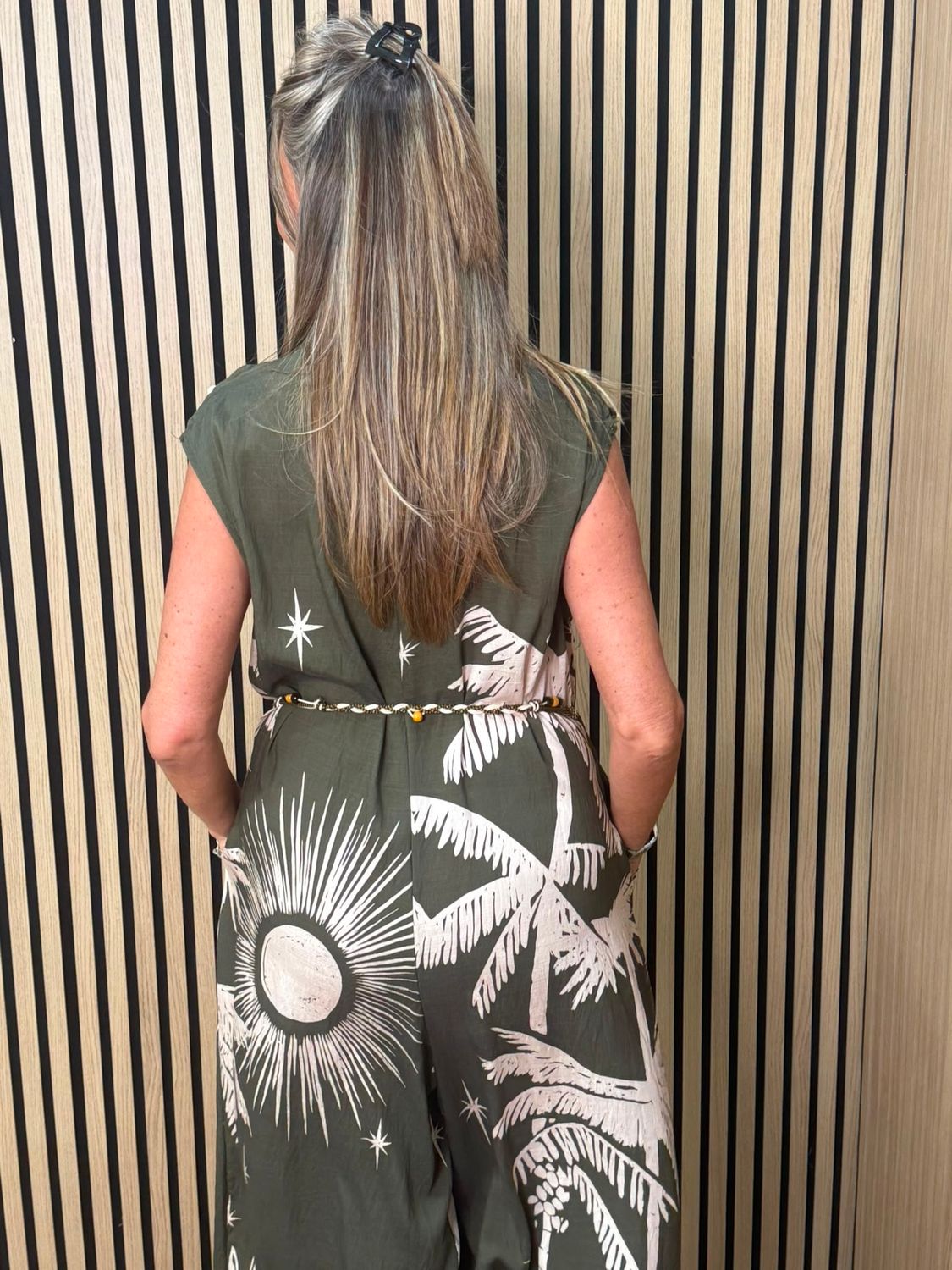 Flyout Palm Print Wide Leg Jumpsuit – Khaki