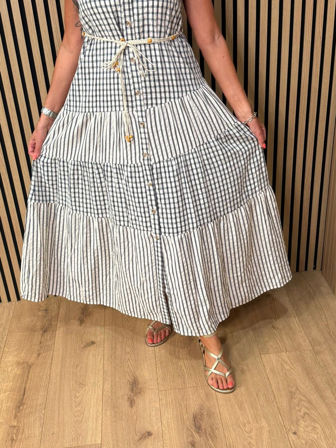 Check Tiered Maxi Dress - Navy/white