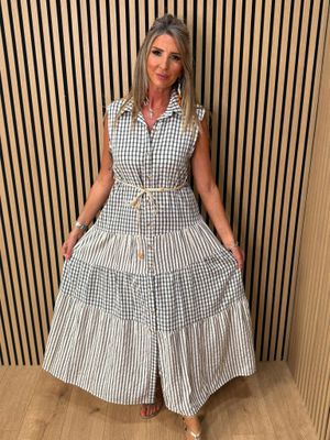 Check Tiered Maxi Dress - Navy/white