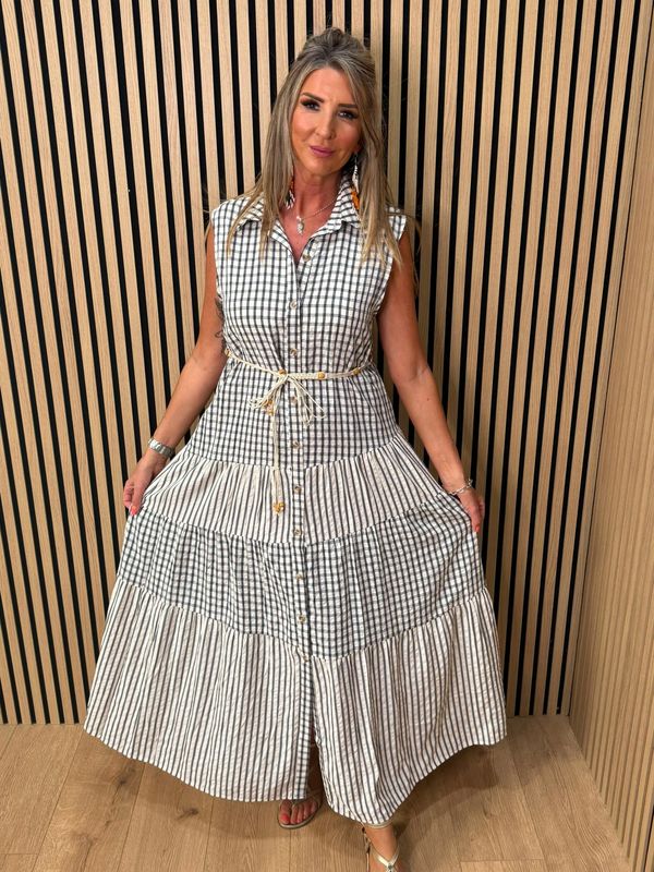 Check Tiered Maxi Dress - Navy/white