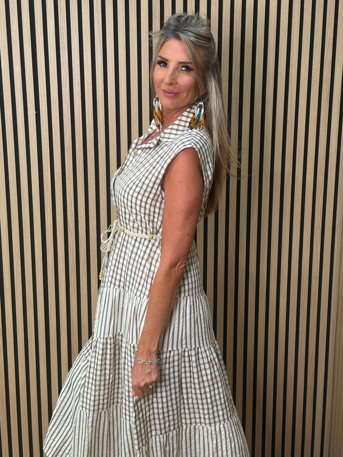 Check Tiered Maxi Dress – Brown/white
