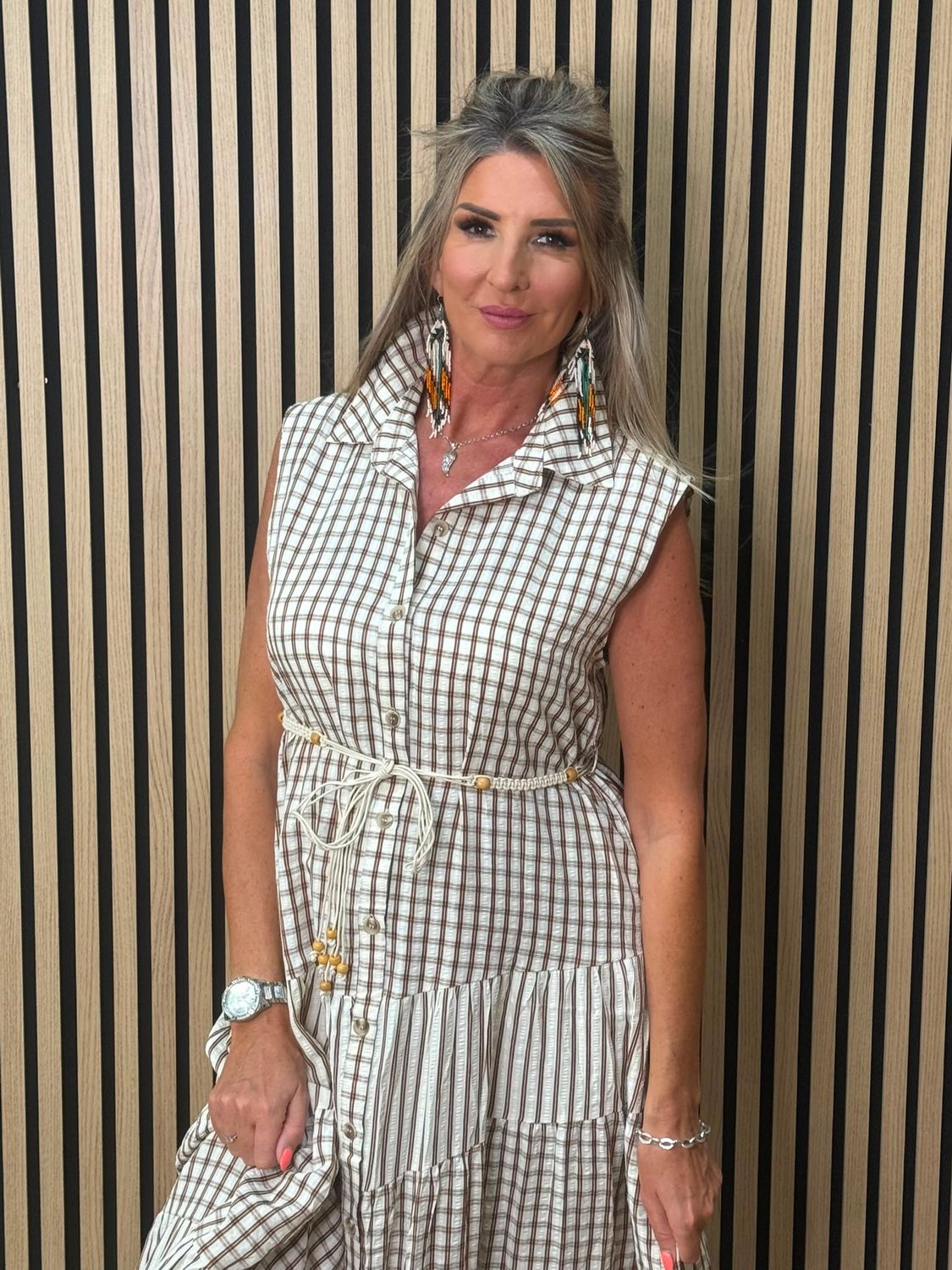 Check Tiered Maxi Dress – Brown/white