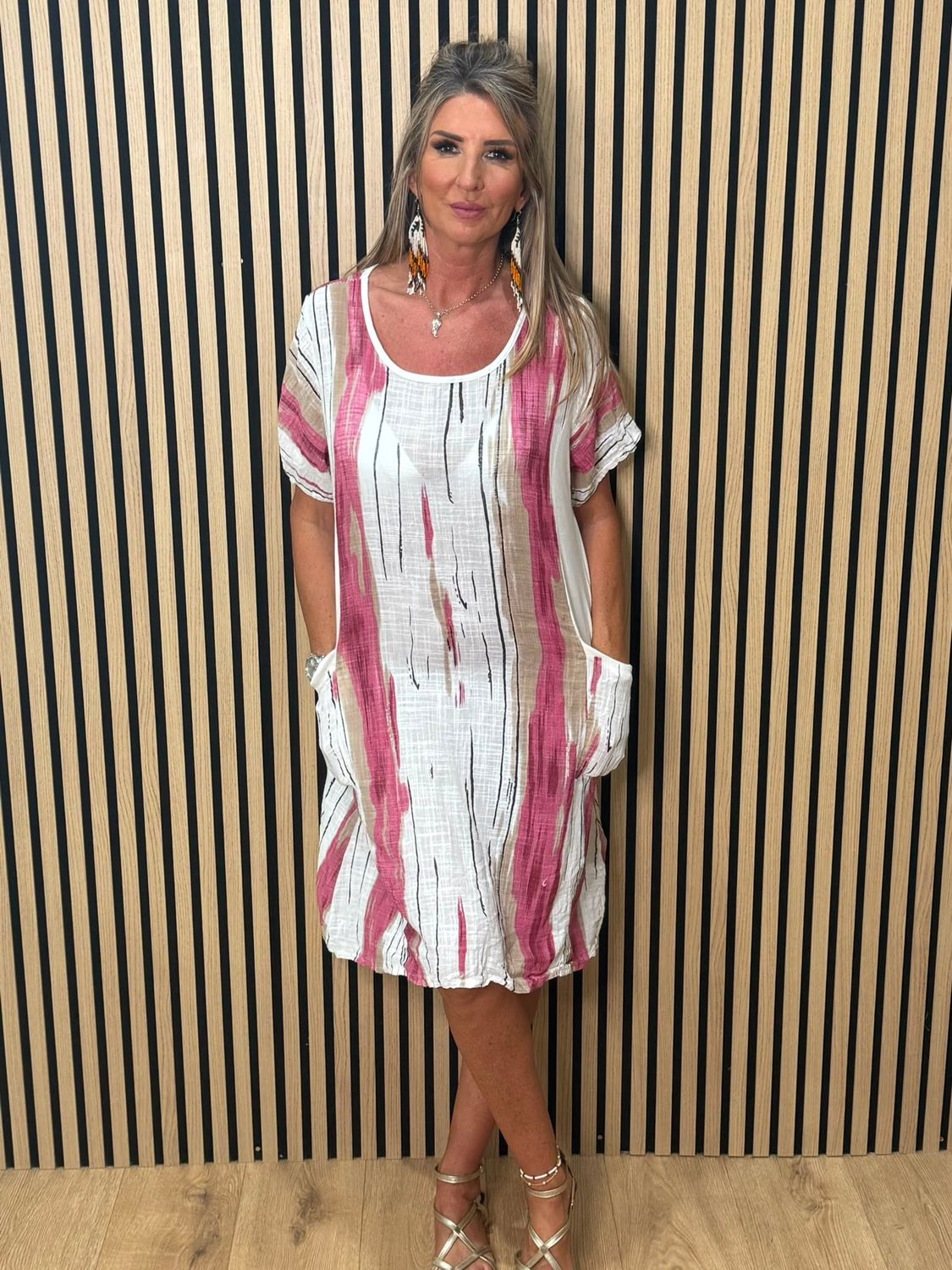 Abstract Stripe Pocket Dress - Pink
