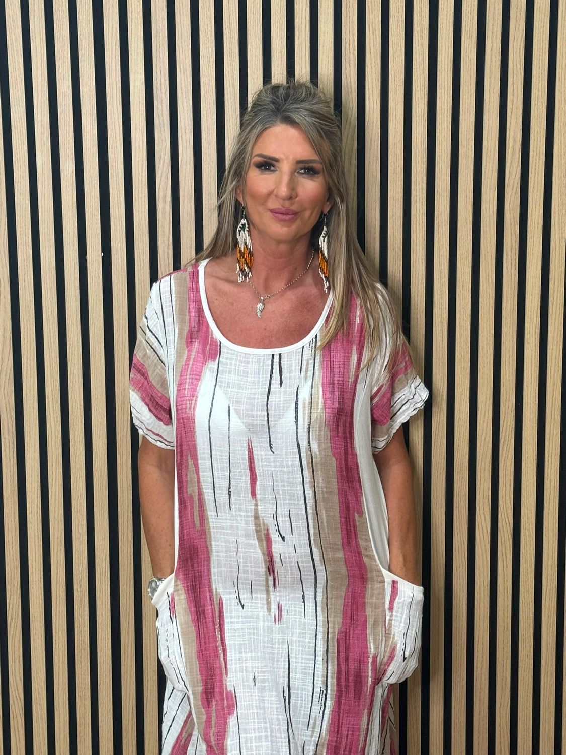 Abstract Stripe Pocket Dress - Pink