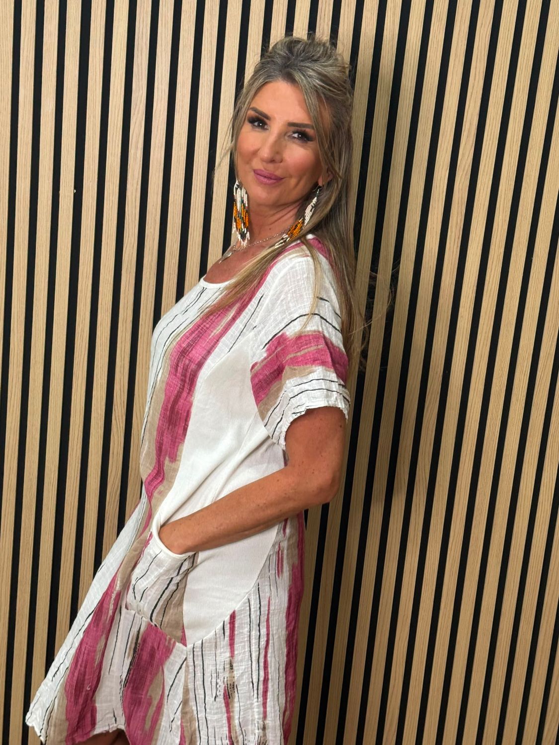 Abstract Stripe Pocket Dress - Pink