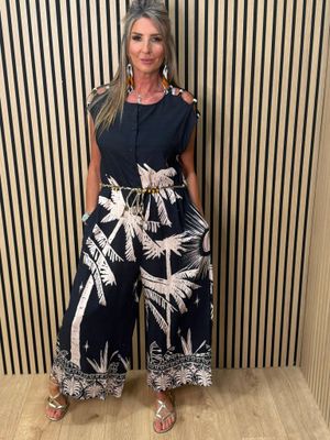 Flyout Palm Print Wide Leg Jumpsuit – Navy