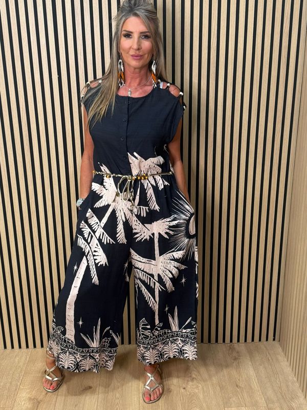 Flyout Palm Print Wide Leg Jumpsuit – Navy