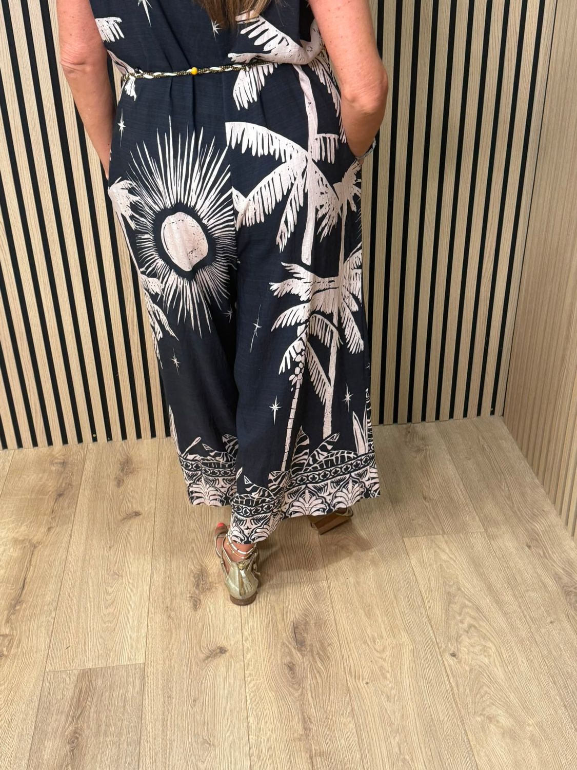 Flyout Palm Print Wide Leg Jumpsuit – Navy