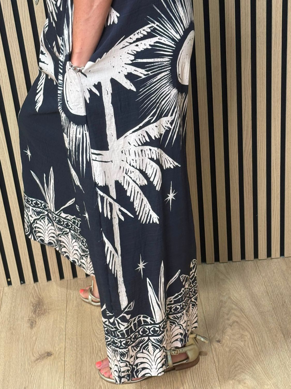 Flyout Palm Print Wide Leg Jumpsuit – Navy