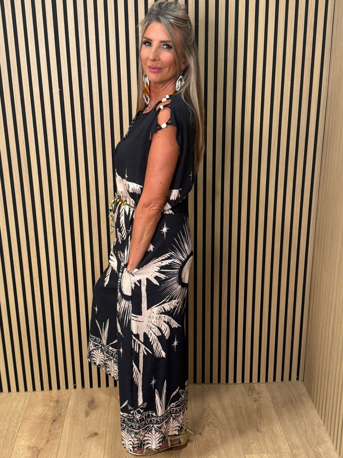 Flyout Palm Print Wide Leg Jumpsuit – Navy