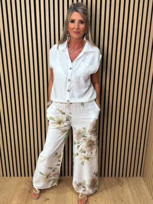 Floral Print Wide Leg Trouser Suit – White