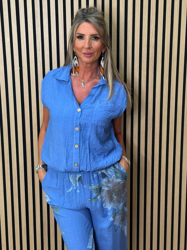 Floral Print Wide Leg Trouser Suit – Blue