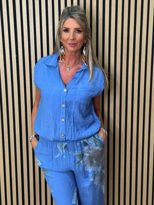 Floral Print Wide Leg Trouser Suit – Blue