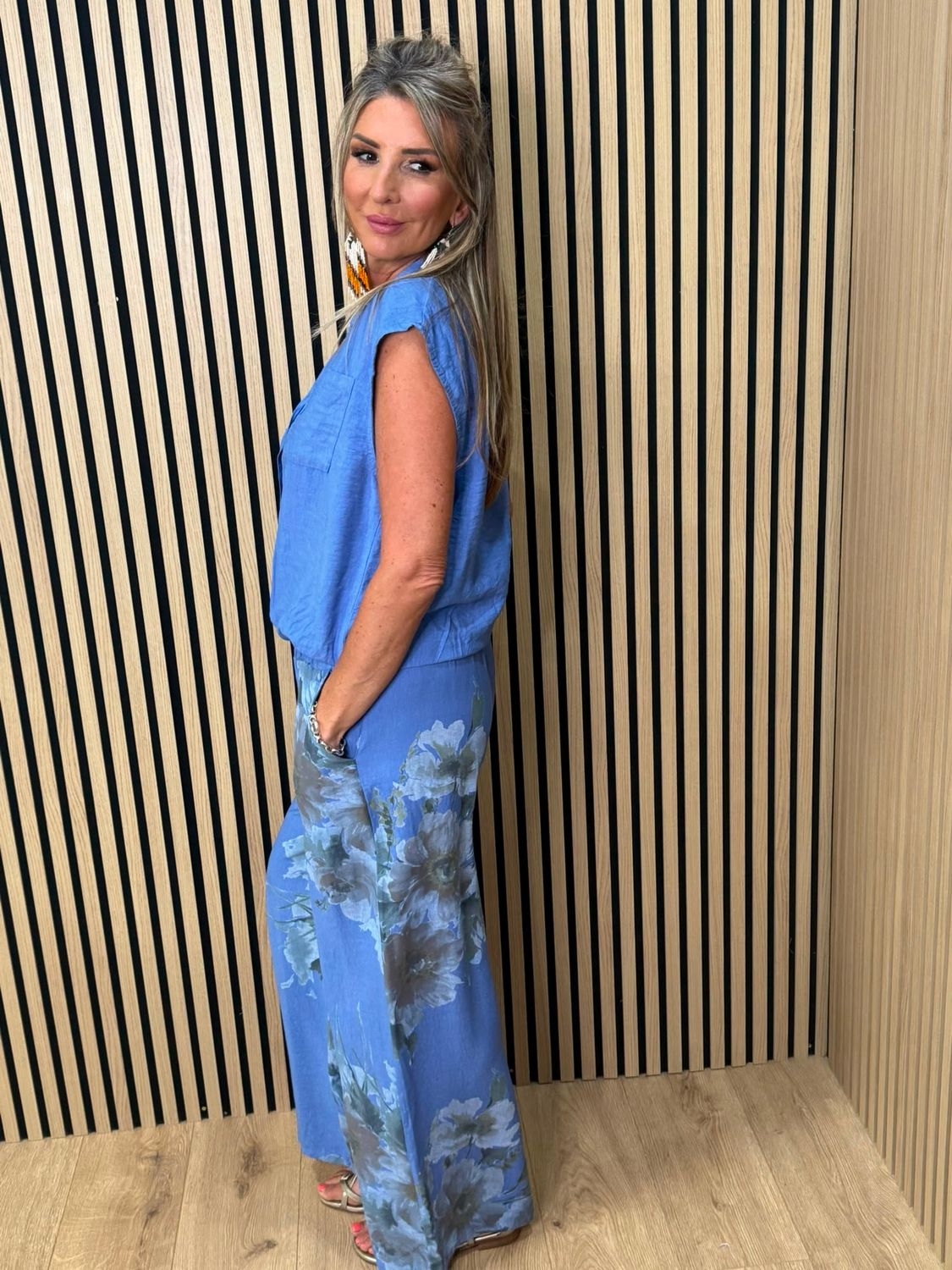 Floral Print Wide Leg Trouser Suit – Blue