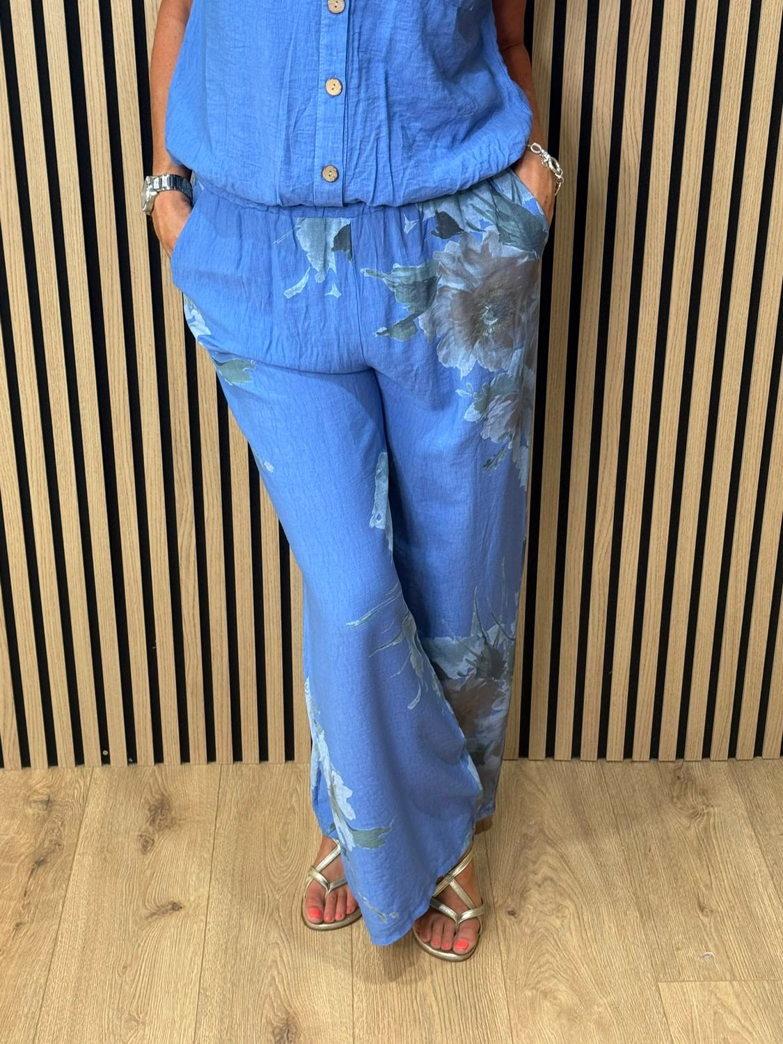 Floral Print Wide Leg Trouser Suit – Blue