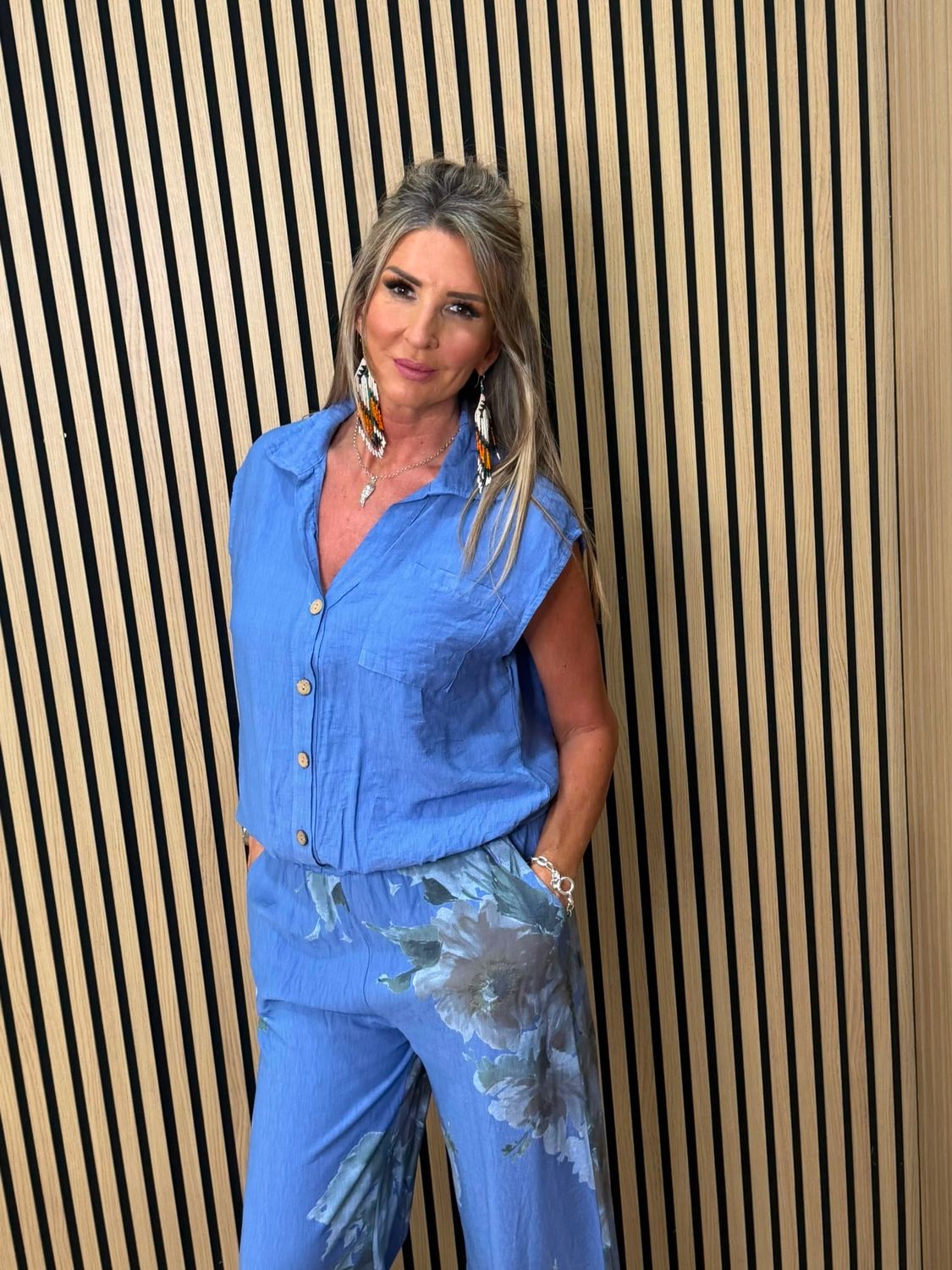 Floral Print Wide Leg Trouser Suit – Blue