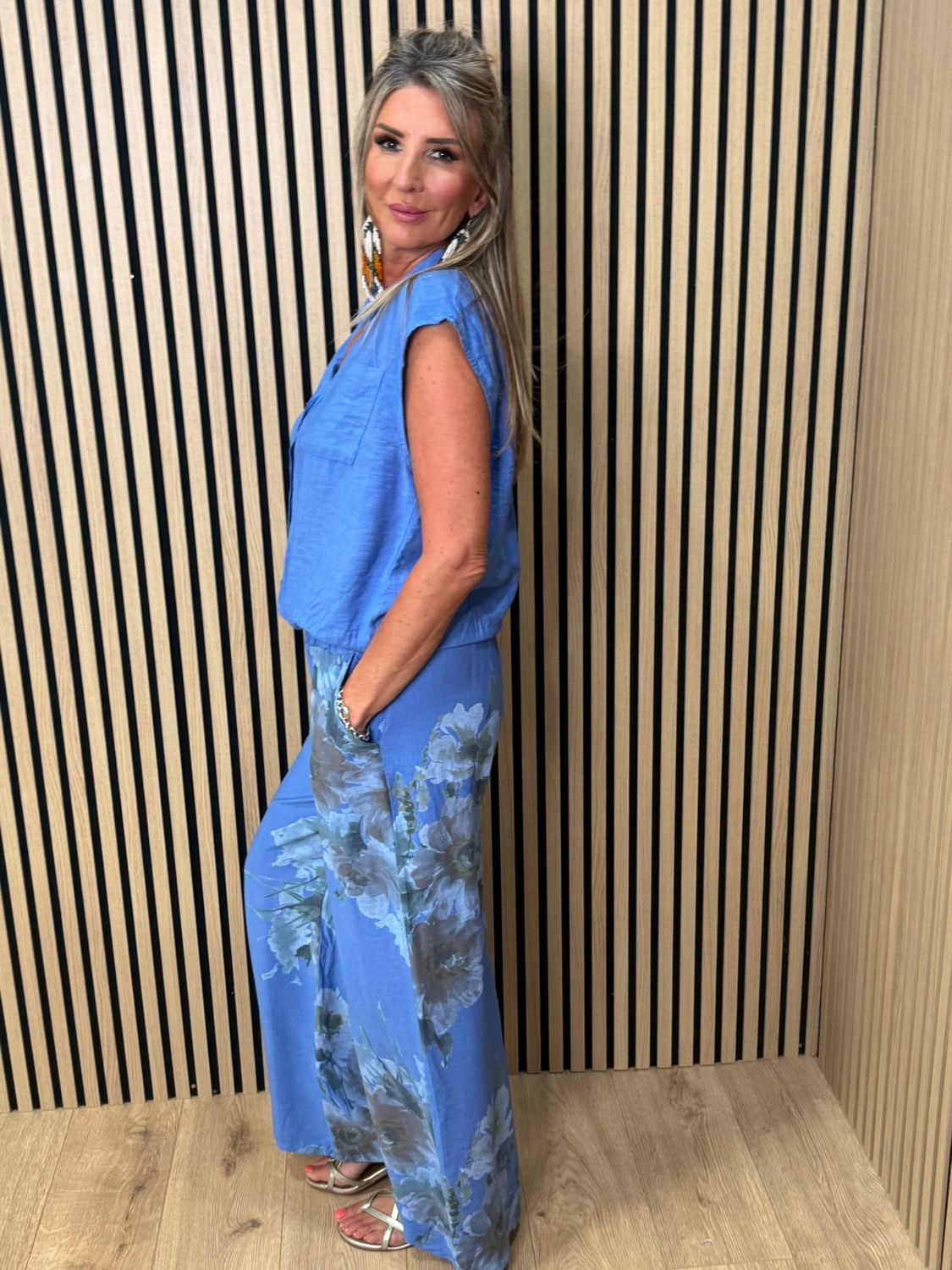 Floral Print Wide Leg Trouser Suit – Blue