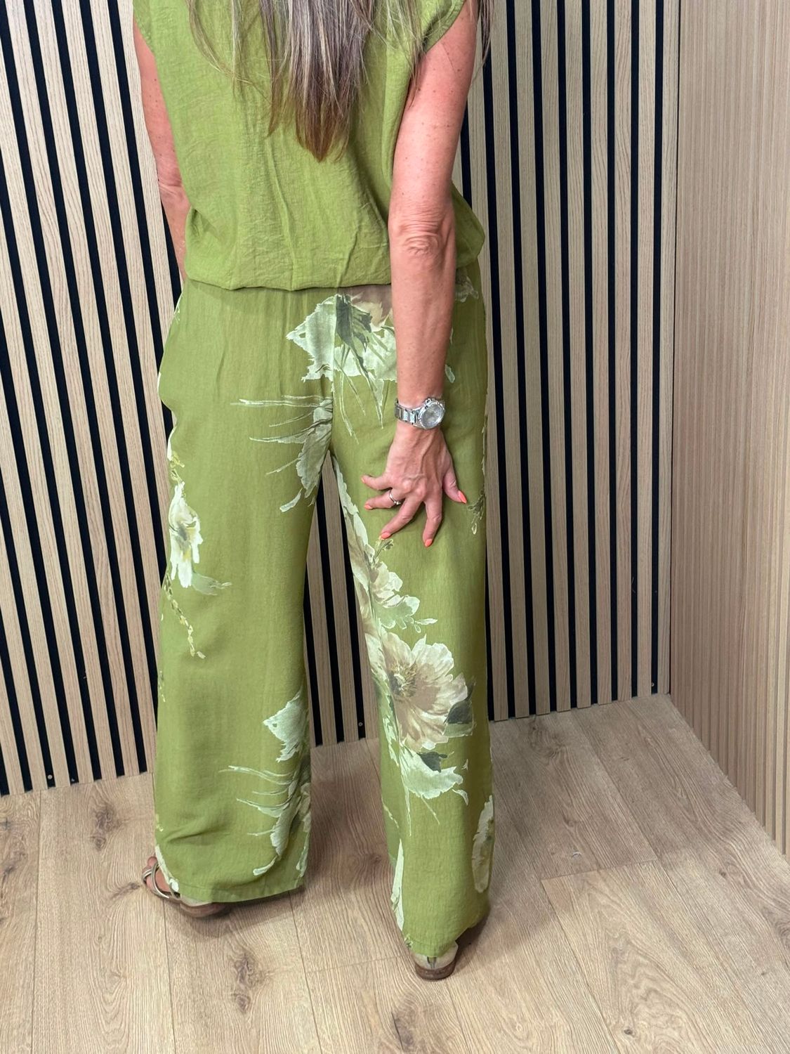 Floral Print Wide Leg Trouser Suit - Khaki