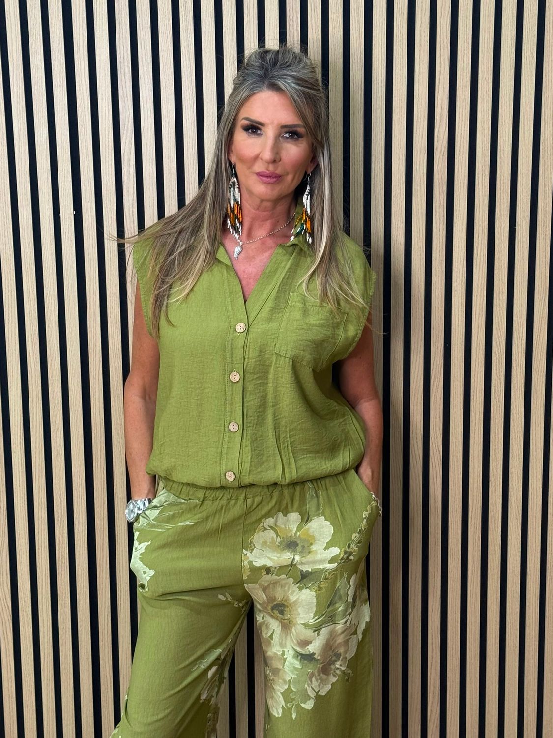 Floral Print Wide Leg Trouser Suit - Khaki
