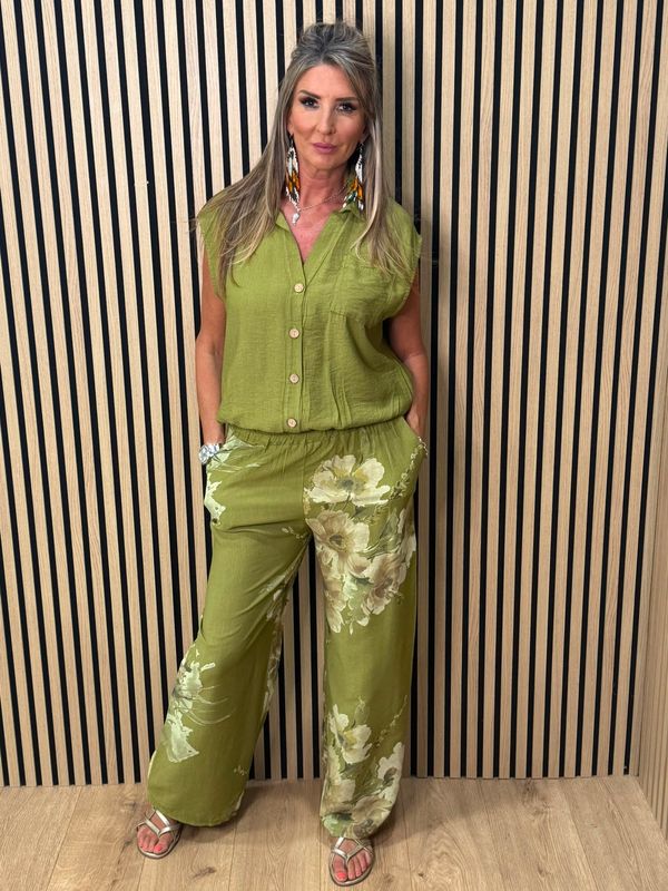 Floral Print Wide Leg Trouser Suit - Khaki