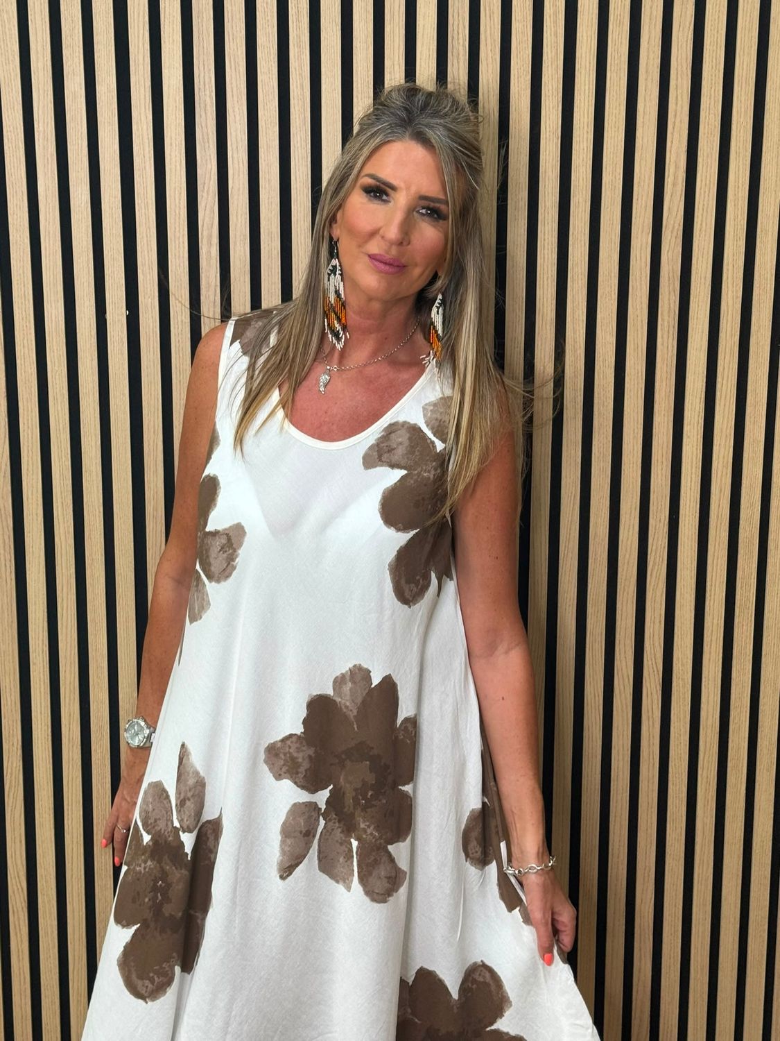 Oversized Floral Print Swing Dress - Brown