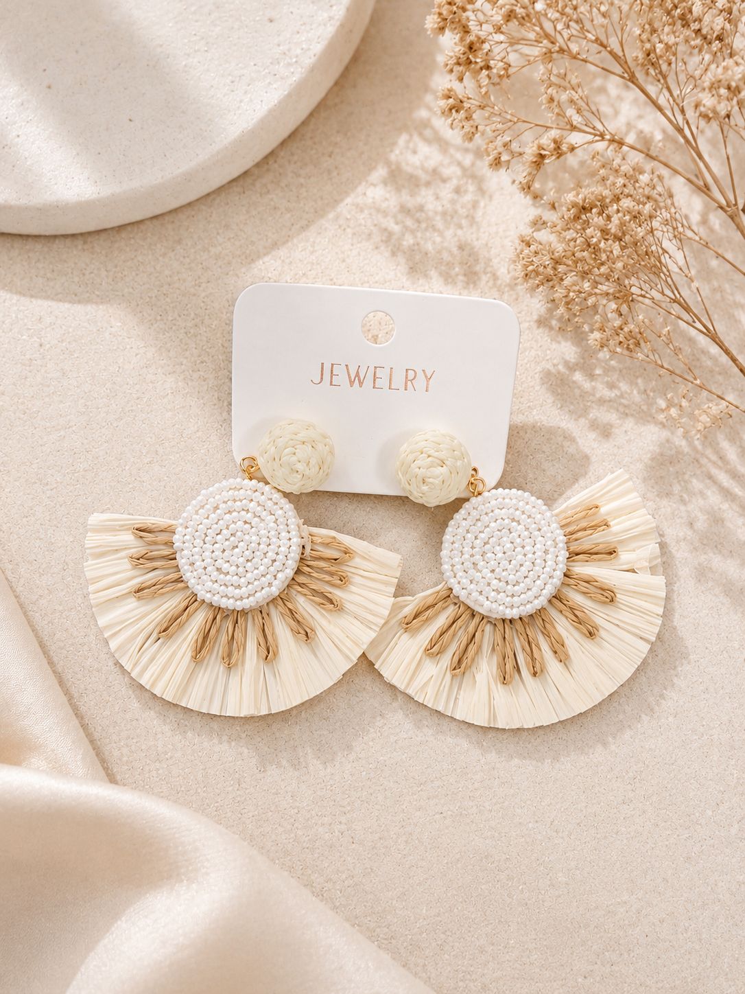 Beaded Raffia Sunburst Earrings