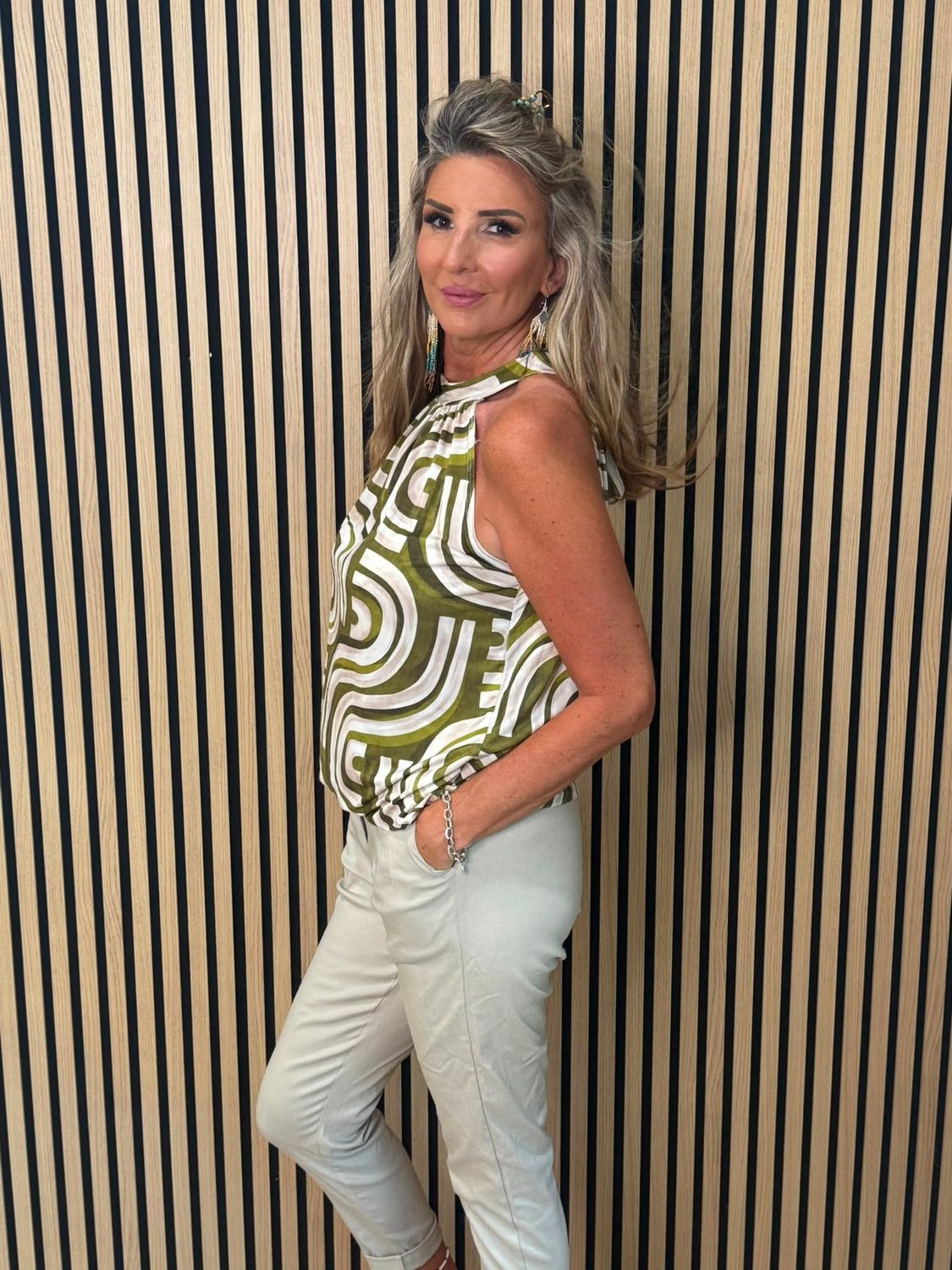 Abstract Print Halterneck Top – Green