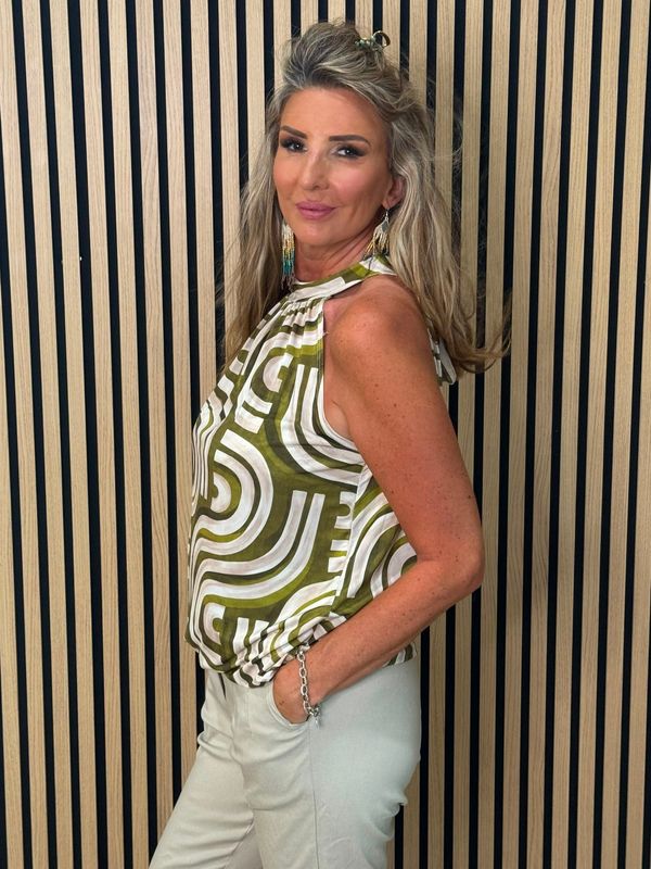 Abstract Print Halterneck Top – Green