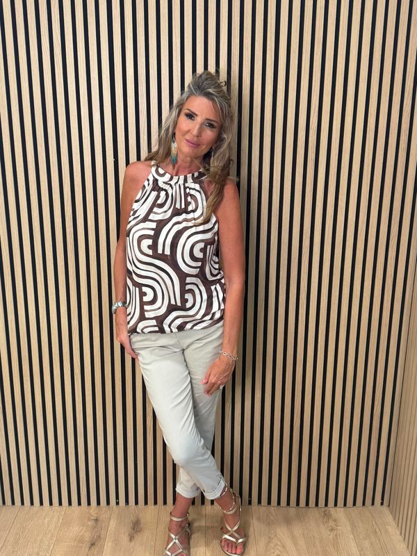 Abstract Print Halterneck Top - Brown