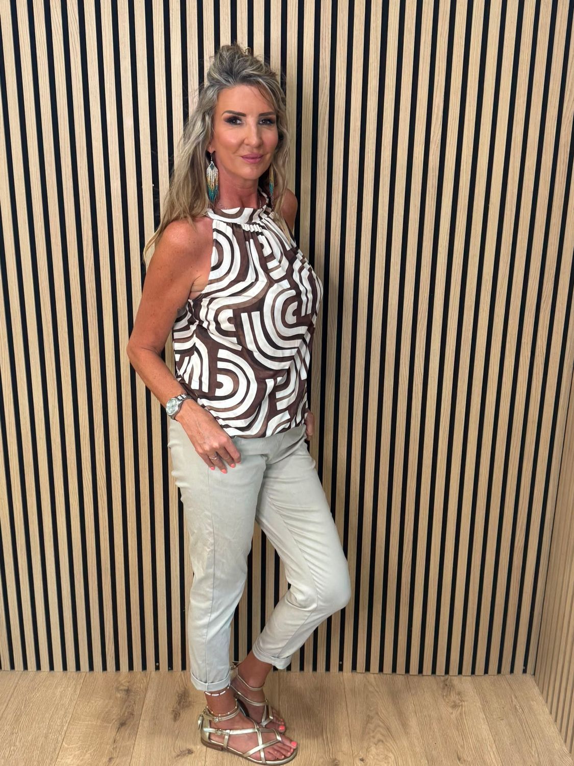 Abstract Print Halterneck Top - Brown