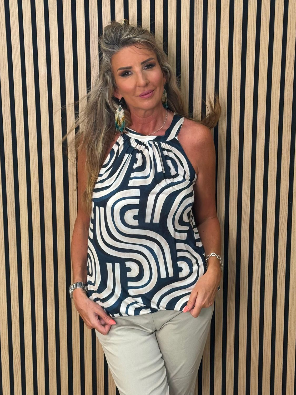 Abstract Print Halterneck Top – Navy