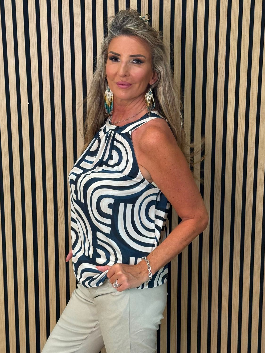 Abstract Print Halterneck Top – Navy